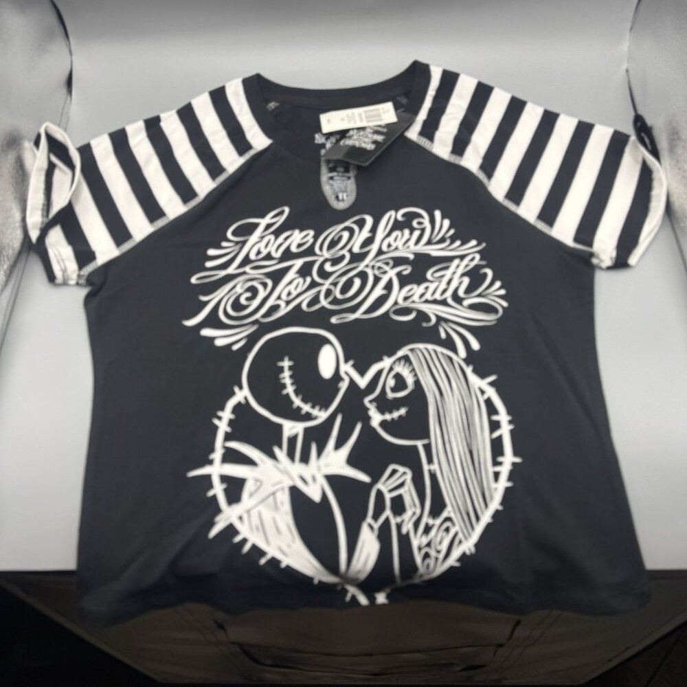 Nightmare Before Christmas Jack & Sally Stripe Raglan Girls T-Shirt LARGE New